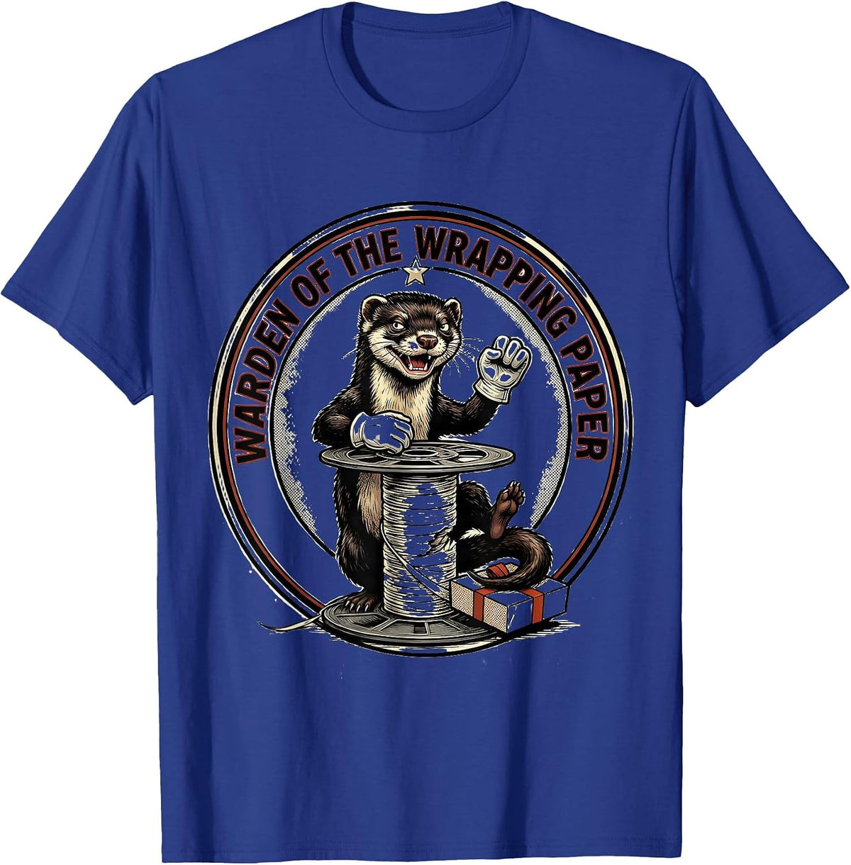 Warden Of The Wrapping Paper Retro Cartoon Ferret Owner Gift T-Shirt - Royal Blue