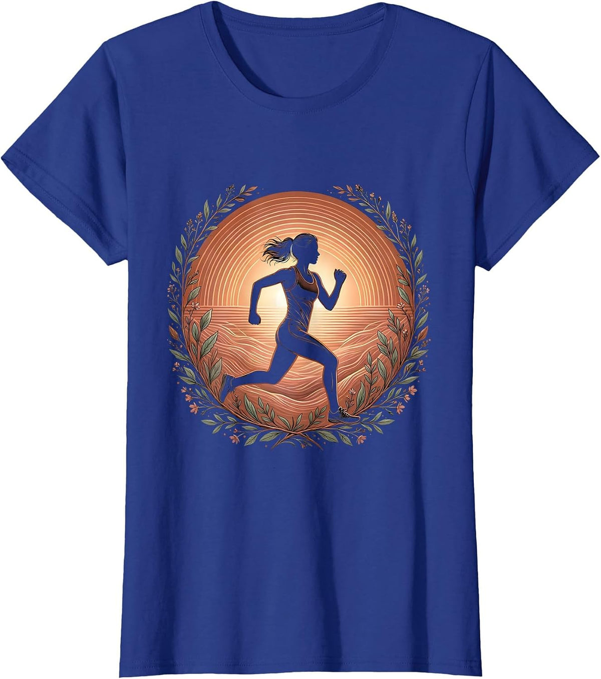Women's Runner Silhouette Sunrise Burst Athleisure Design T-Shirt - Royal Blue