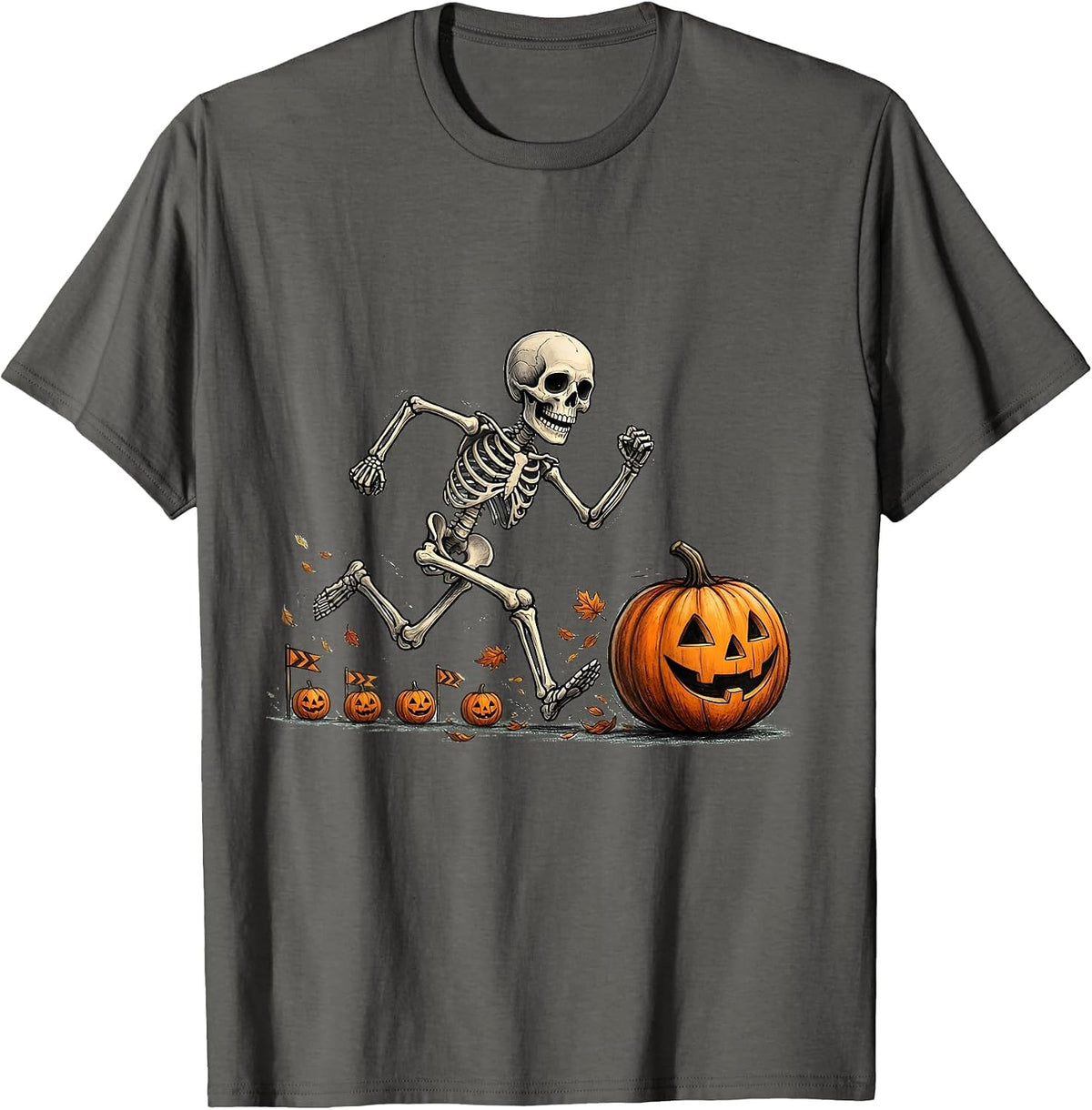 Men's Cheerful Skeleton Runner Halloween 5K Race Fun T-Shirt - Asphalt Grey