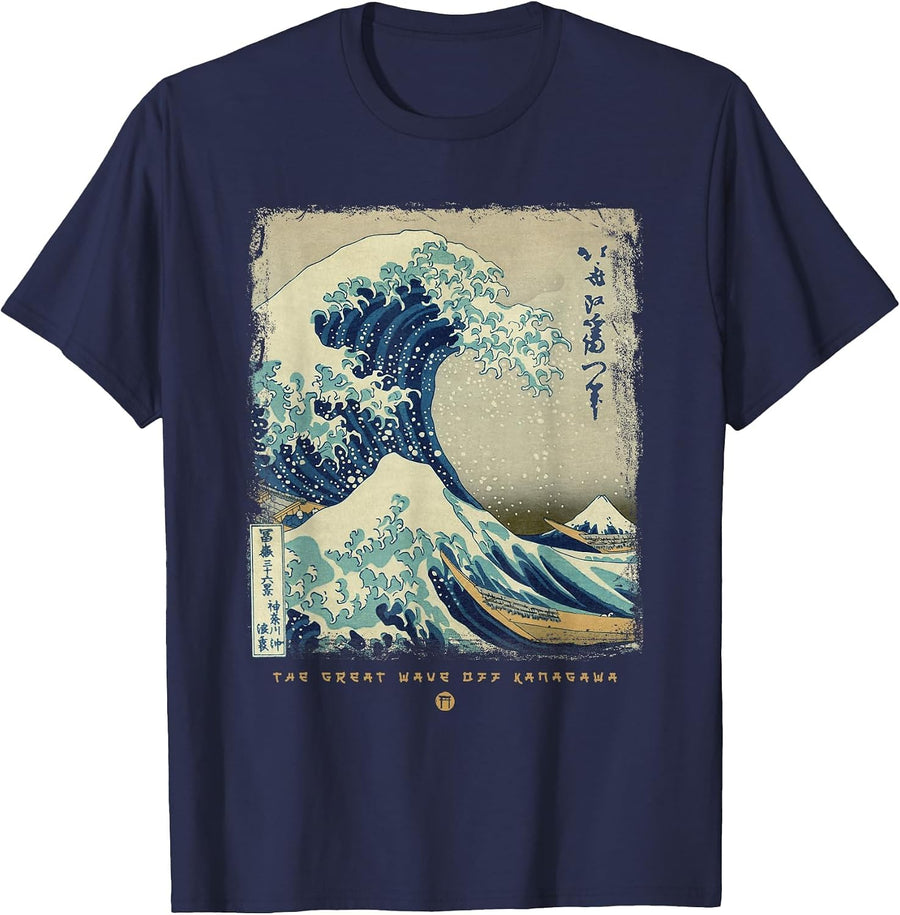 Great Wave Off Kanagawa Japanese Painting Art T-Shirt - Navy Blue