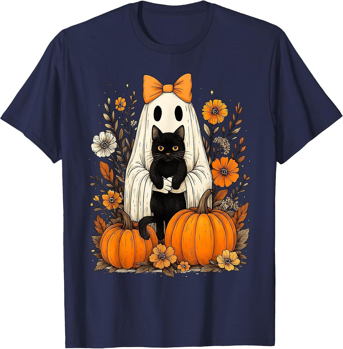 Vintage Halloween Ghost Holding Black Cat Groovy Floral T-Shirt - Navy Blue