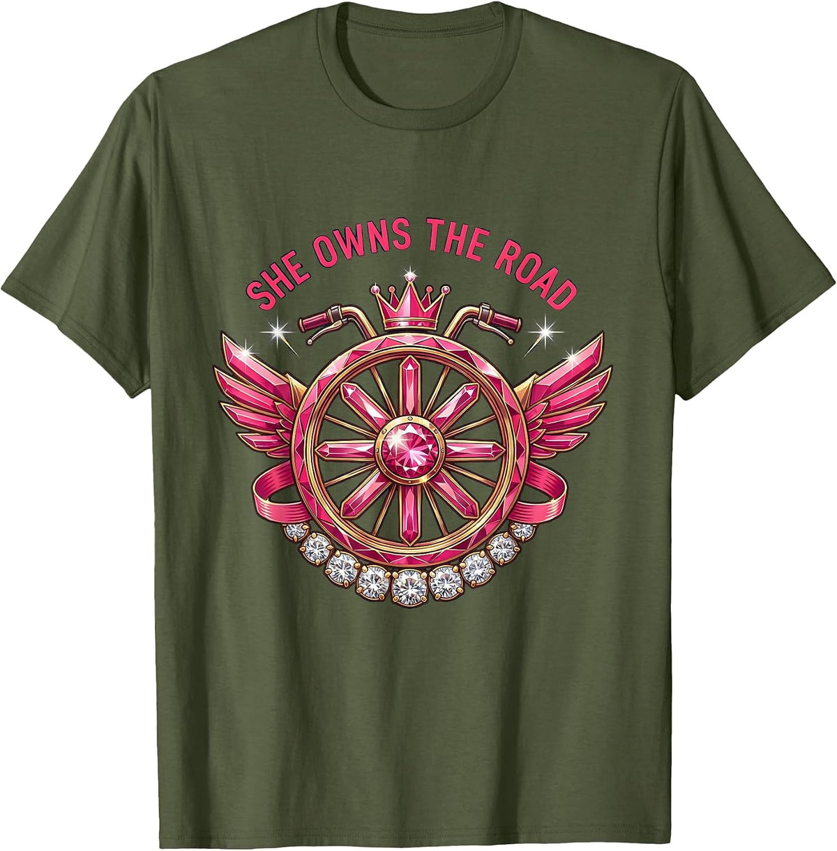 She Owns The Road Motorcycle Design T-Shirt - Olive Green