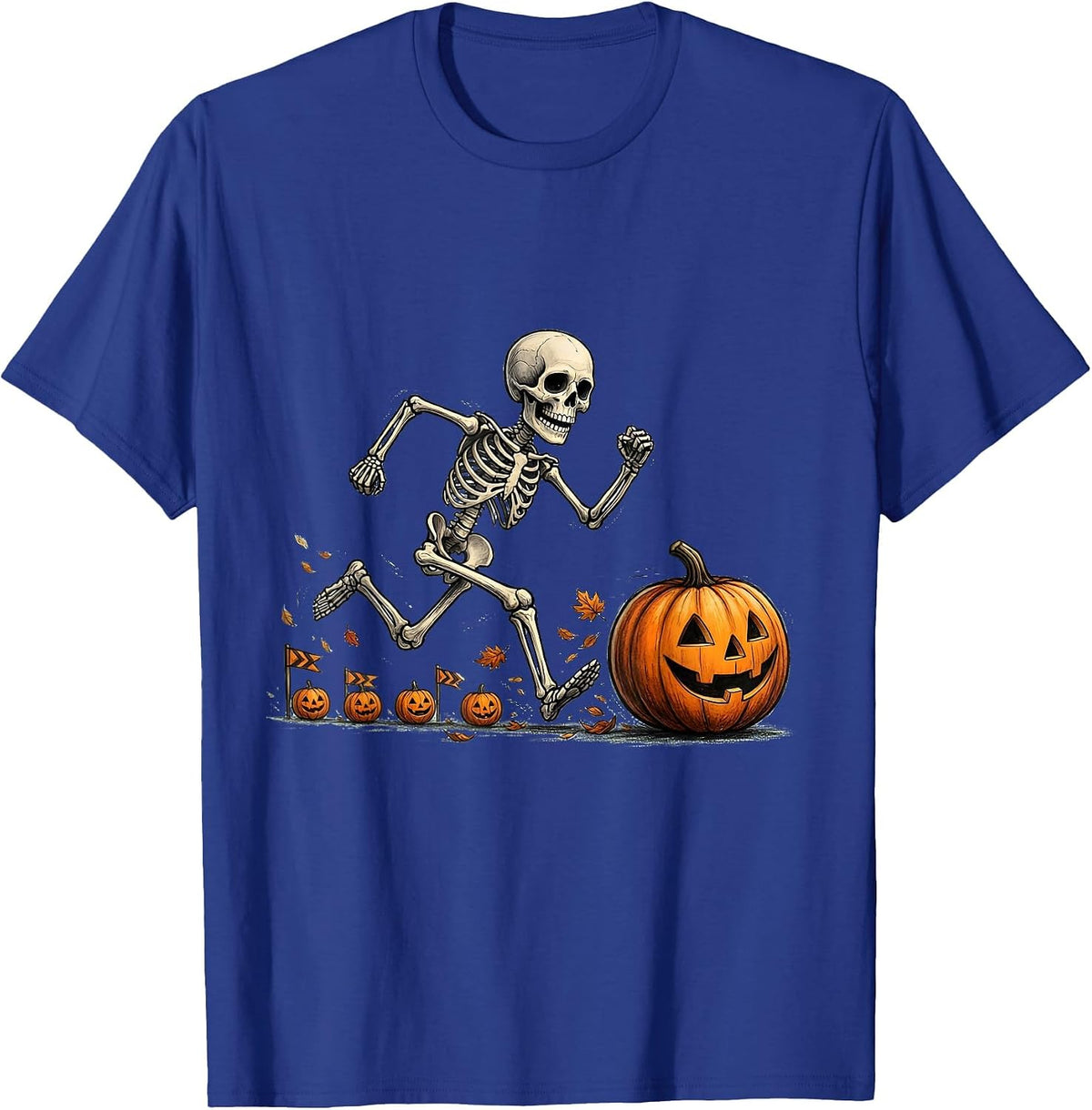 Men's Cheerful Skeleton Runner Halloween 5K Race Fun T-Shirt - Royal Blue