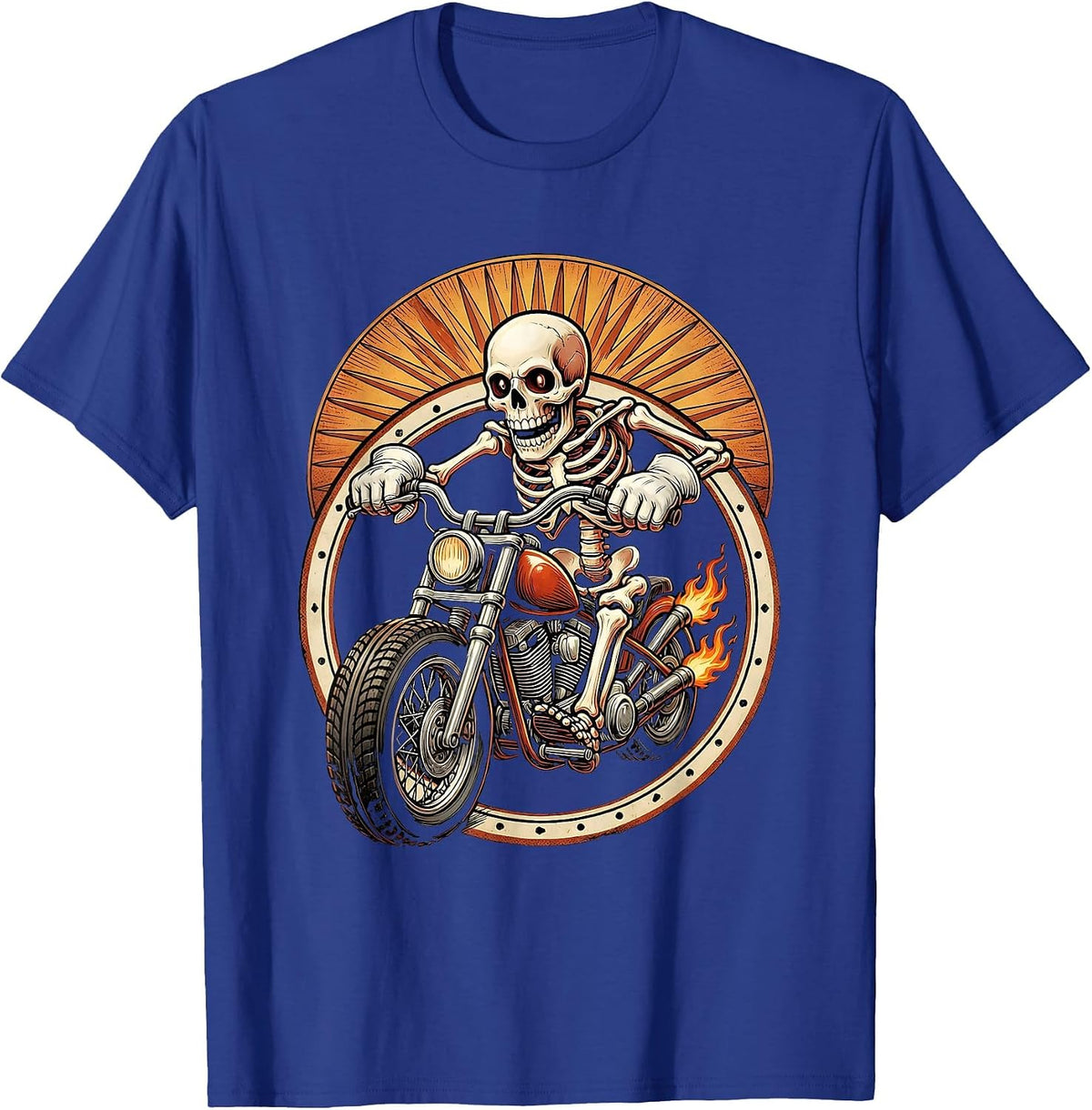 Men's Skeleton Chopper Motorcycle Sunset Rider T-Shirt - Royal Blue