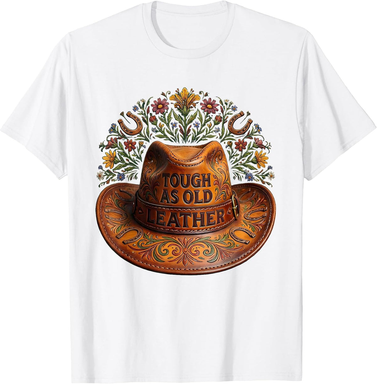 Men's Tough as Old Leather Cowboy Western Design T-Shirt - White