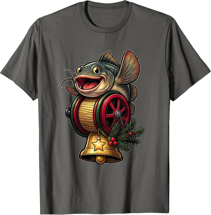 Cartoon Catfish Holiday Bell Fishing Reel Christmas Humor T-Shirt - Asphalt Grey