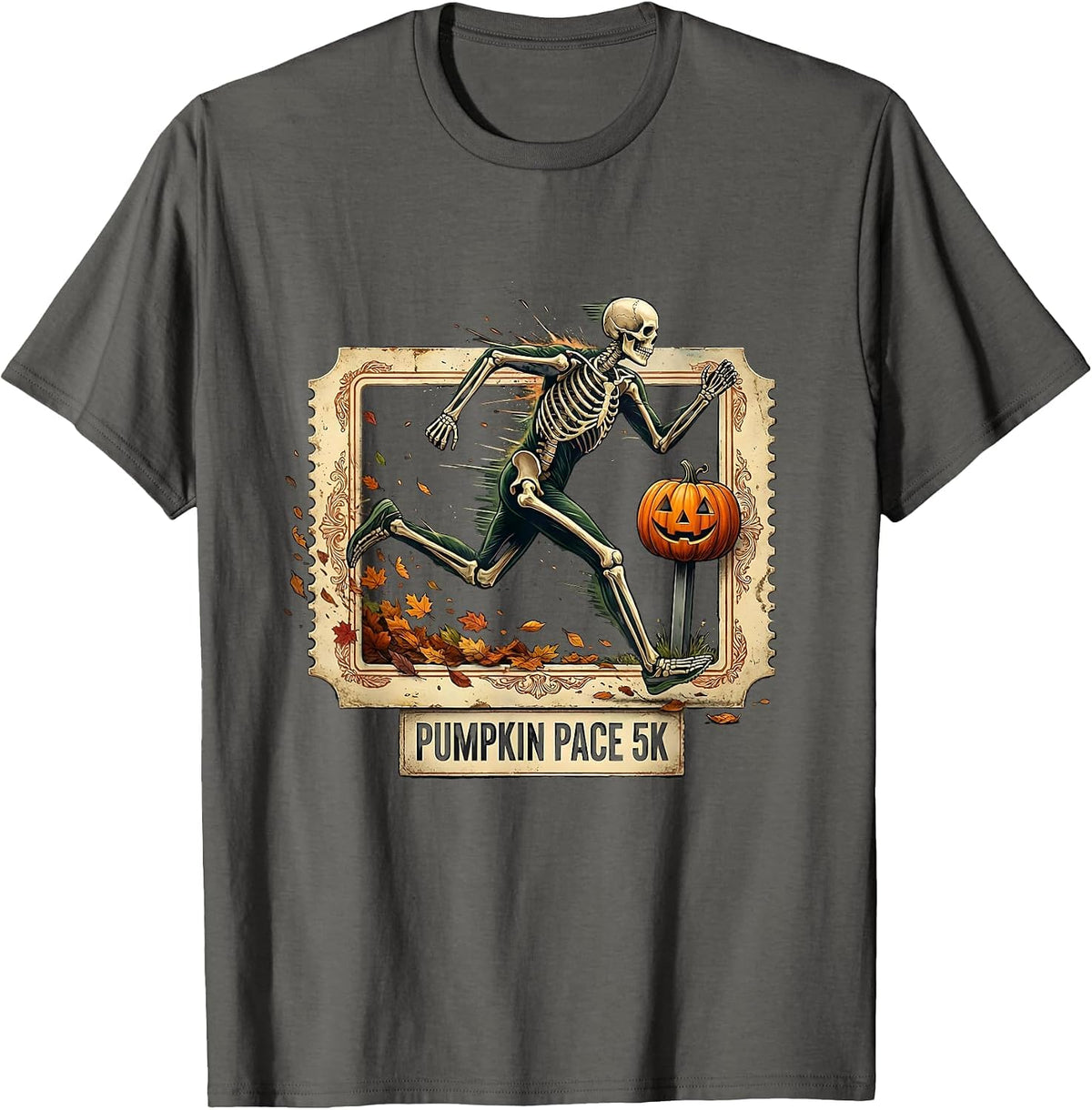Pumpkin Pace 5K Vintage Skeleton Runner Halloween Fun Run T-Shirt - Asphalt Grey