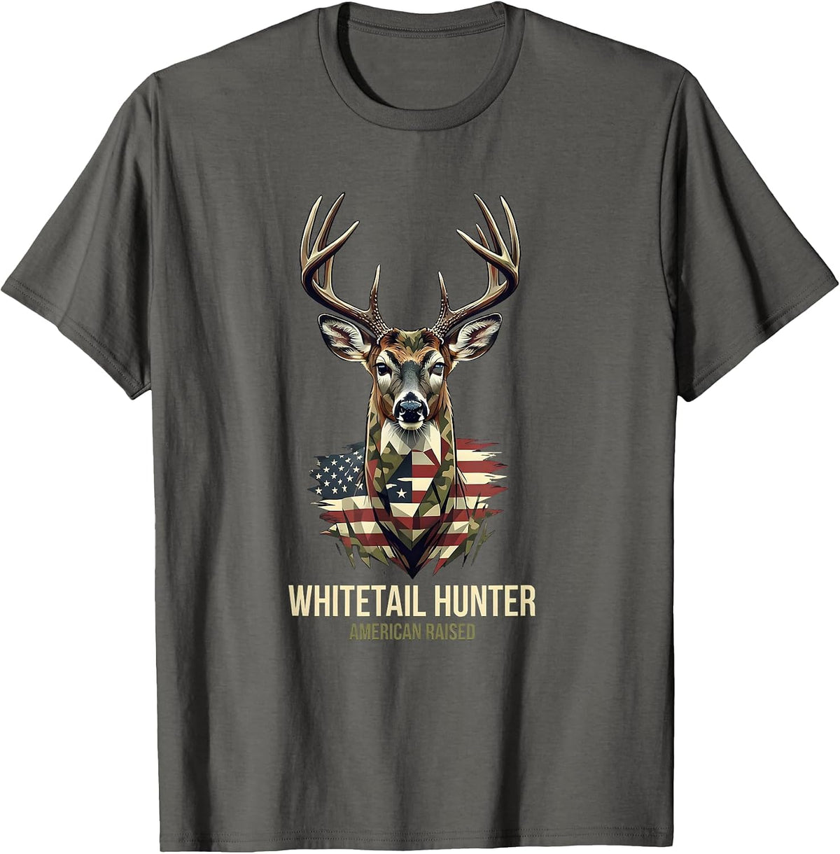 Whitetail Hunter, American Raised Patriotic Camo Deer Hunter T-Shirt - Asphalt Grey