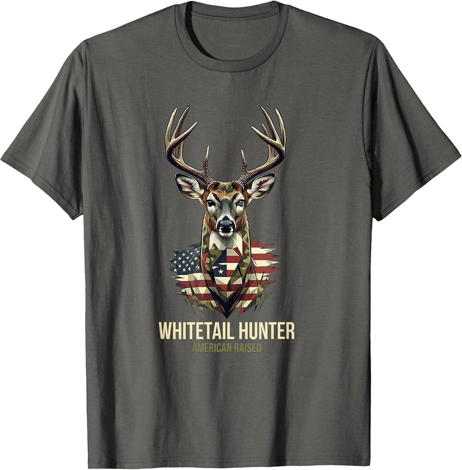 Whitetail Hunter, American Raised Patriotic Camo Deer Hunter T-Shirt - Asphalt Grey