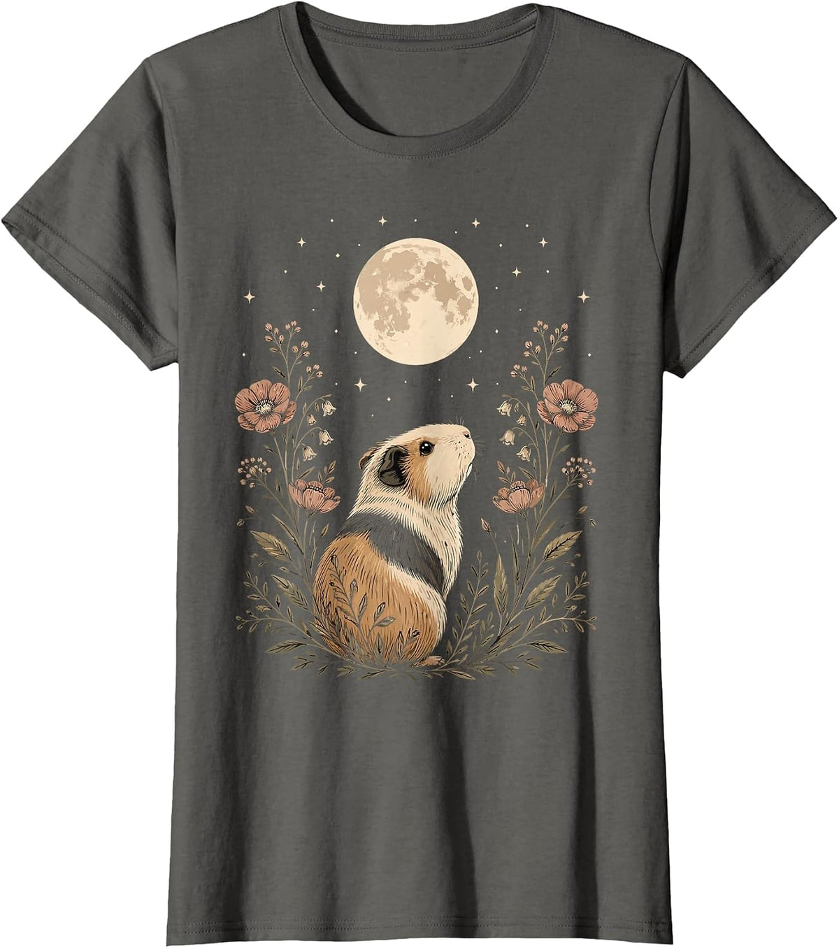 Floral Guinea Pig Moon Celestial Night Animal Lover T-Shirt - Asphalt Grey