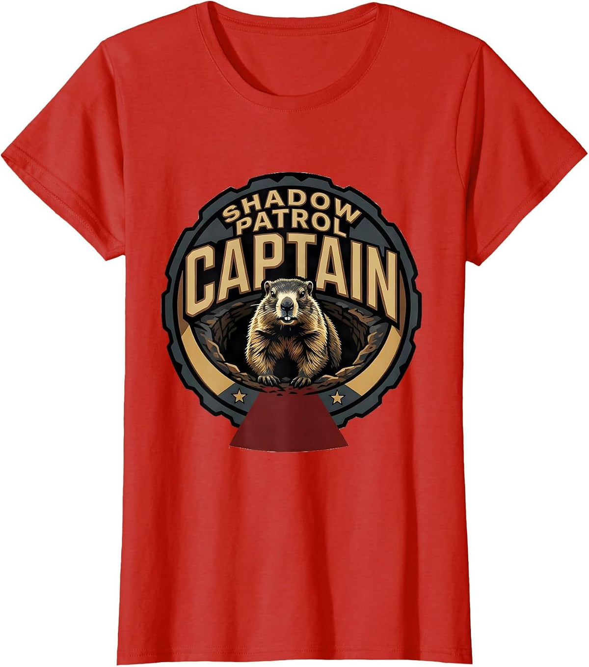 Shadow Patrol Captain Funny Groundhog Day Vintage Badge T-Shirt - Red