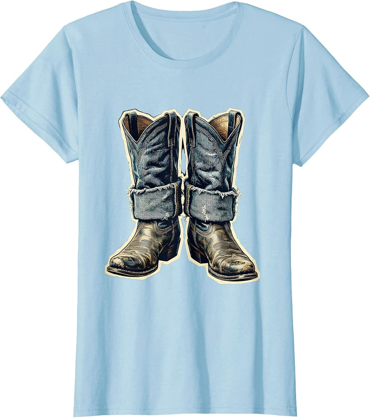 Denim Cowgirl Boots Western Graphic Tee T-Shirt - Baby Blue