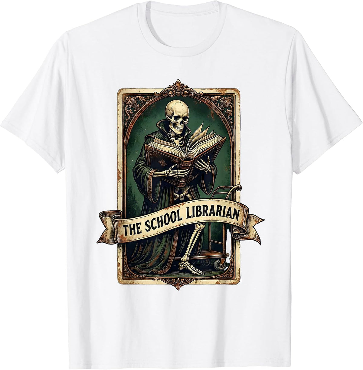 Men's The School Librarian Vintage Tarot Card Skeleton Halloween T-Shirt - White