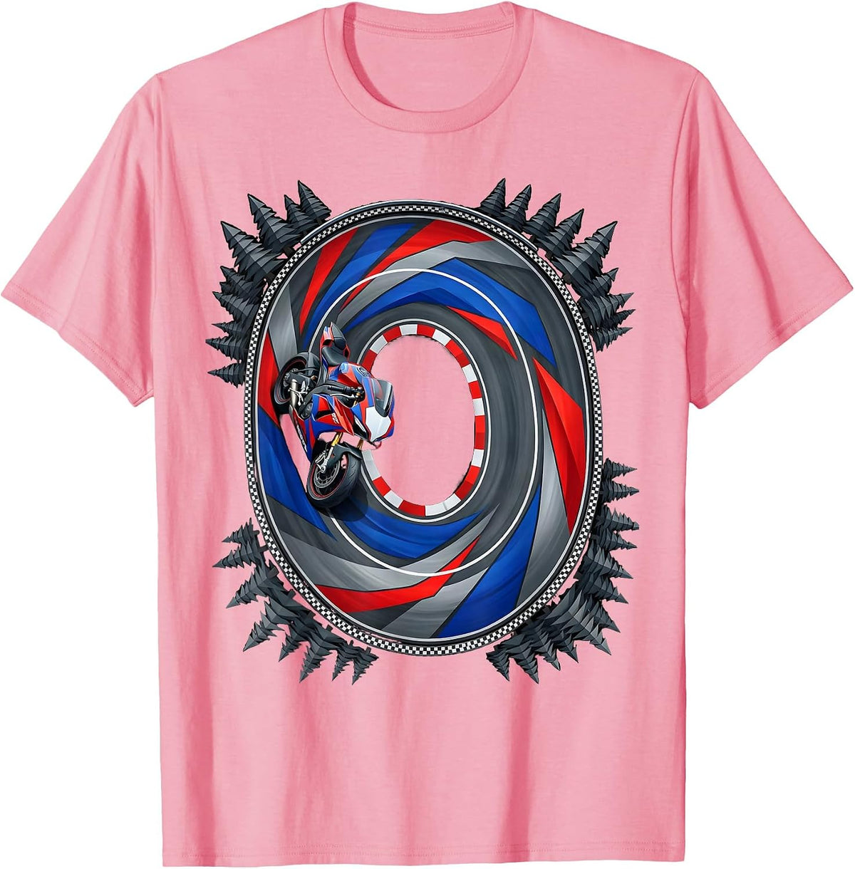 Men's Mountain Road Pine Forest Aerial Motorcycle Design T-Shirt - Pink