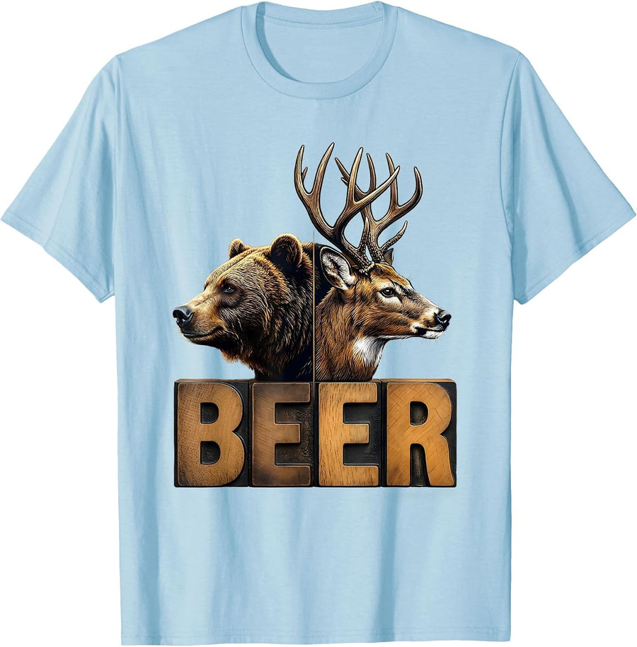 Men's BEER Vintage Bear Deer Funny Outdoor Camping Hunting T-Shirt - Baby Blue