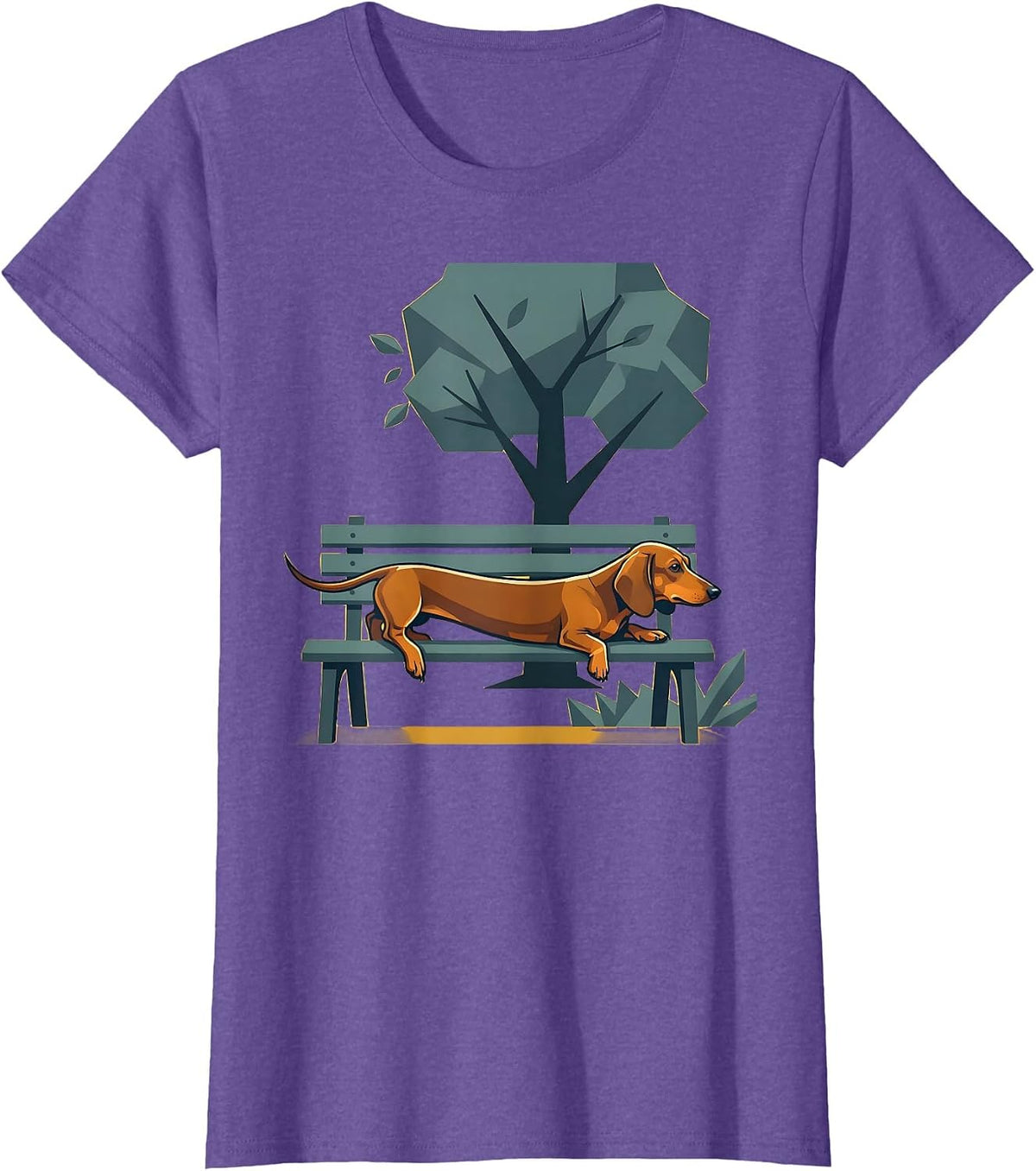Dachshund Stretched Across Park Bench Illustration T-Shirt - Purple Heather