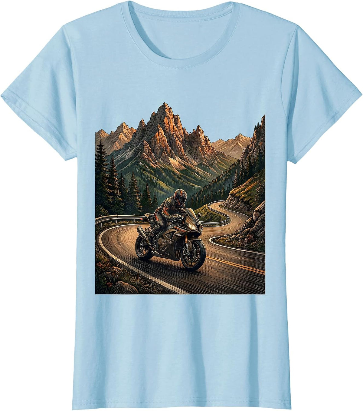 Mountain Road Motorcycle Rider Graphic Tee T-Shirt - Baby Blue