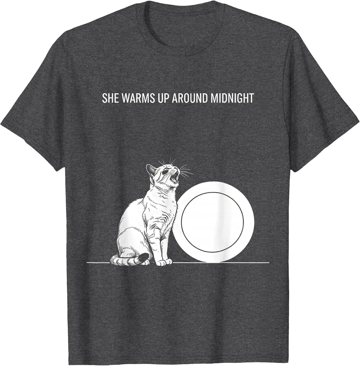 Men's She Warms Up Around Midnight Line Art Cat Howling at Moon T-Shirt - Dark Heather Grey