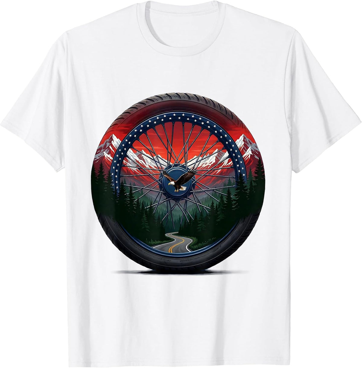 Men's American Flag Motorcycle Wheel Spinning Road T-Shirt - White
