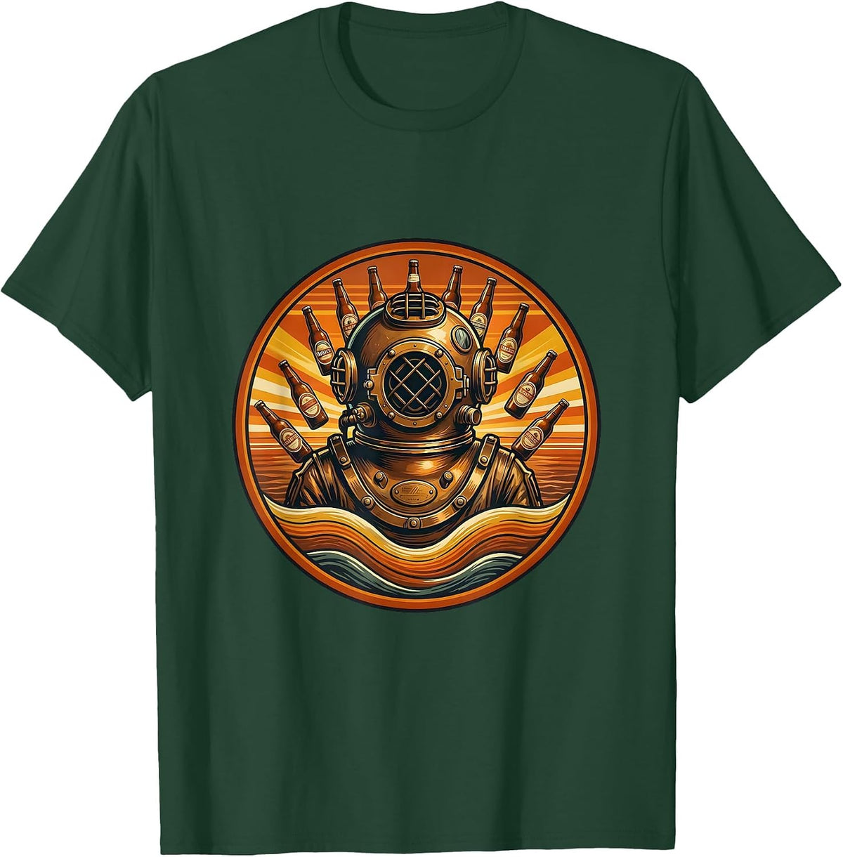 Deep Sea Diver Beer Bottles Illustration T-Shirt - Dark Green