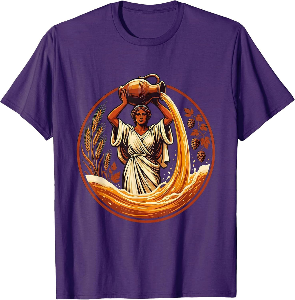 Goddess Pouring Beer From Giant Amphora Jug T-Shirt - Purple