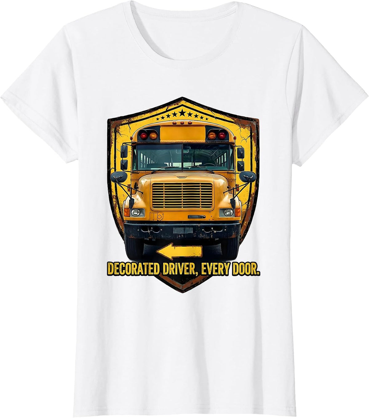 Women's Decorated Driver Every Door Distressed School Bus Driver T-Shirt - White