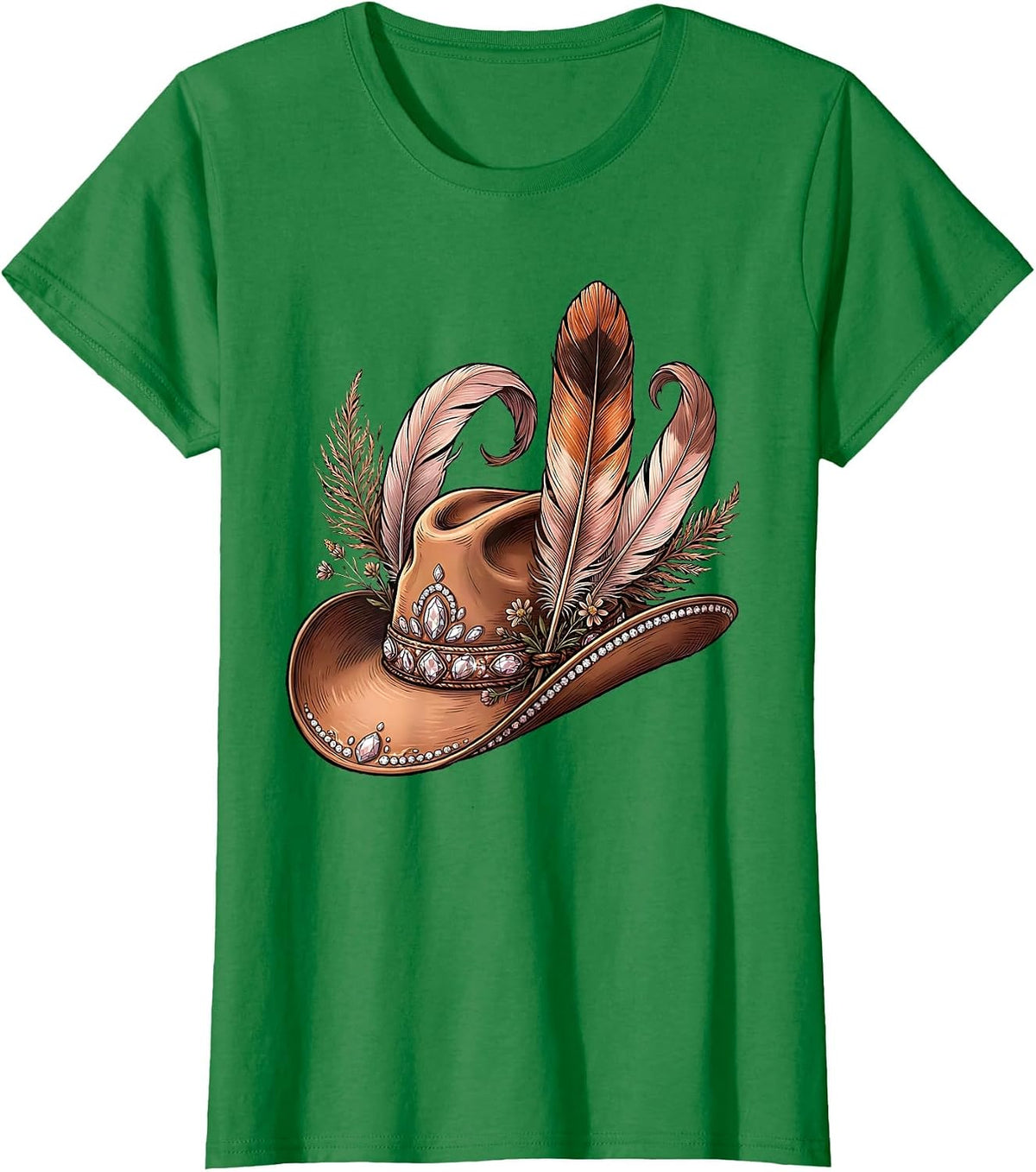 Women's Rhinestone Cowboy Hat with Feathers Graphic T-Shirt - Kelly Green