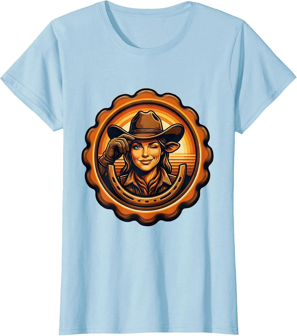 Cowgirl Tipping Hat Winking Western Graphic T-Shirt - Baby Blue
