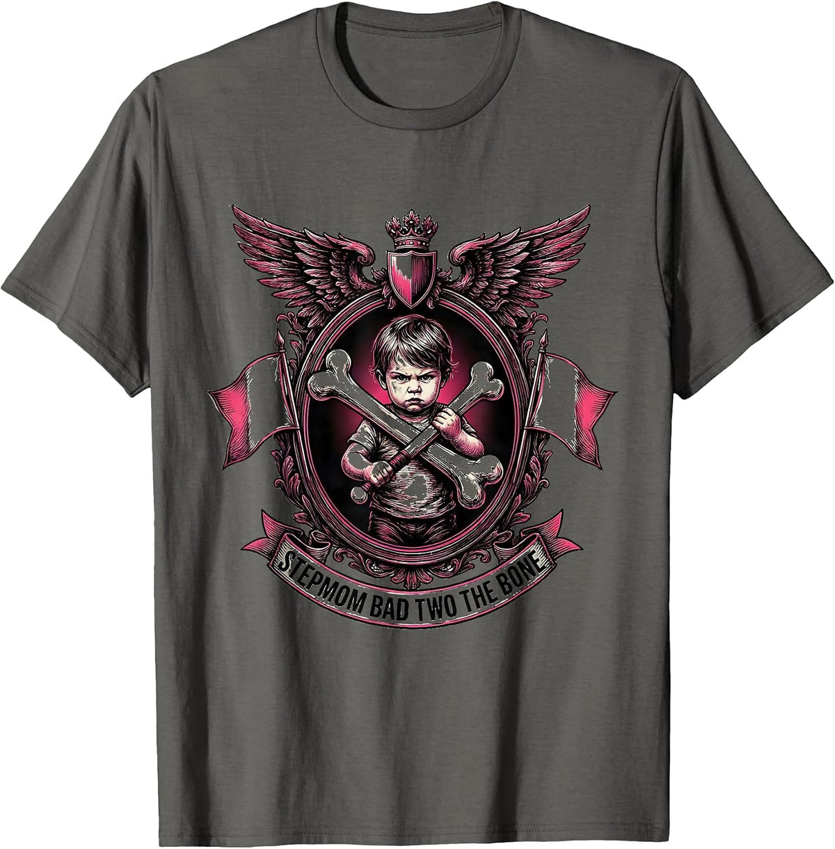 Men's Stepmom Bad Two The Bone Funny 2nd Birthday For Mom T-Shirt - Asphalt Grey