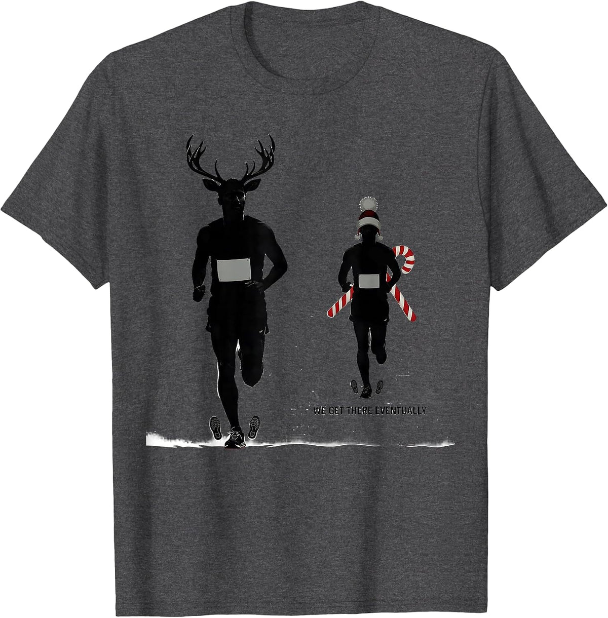 Men's We Get There Eventually Funny Christmas Run Runner Squad T-Shirt - Dark Heather Grey