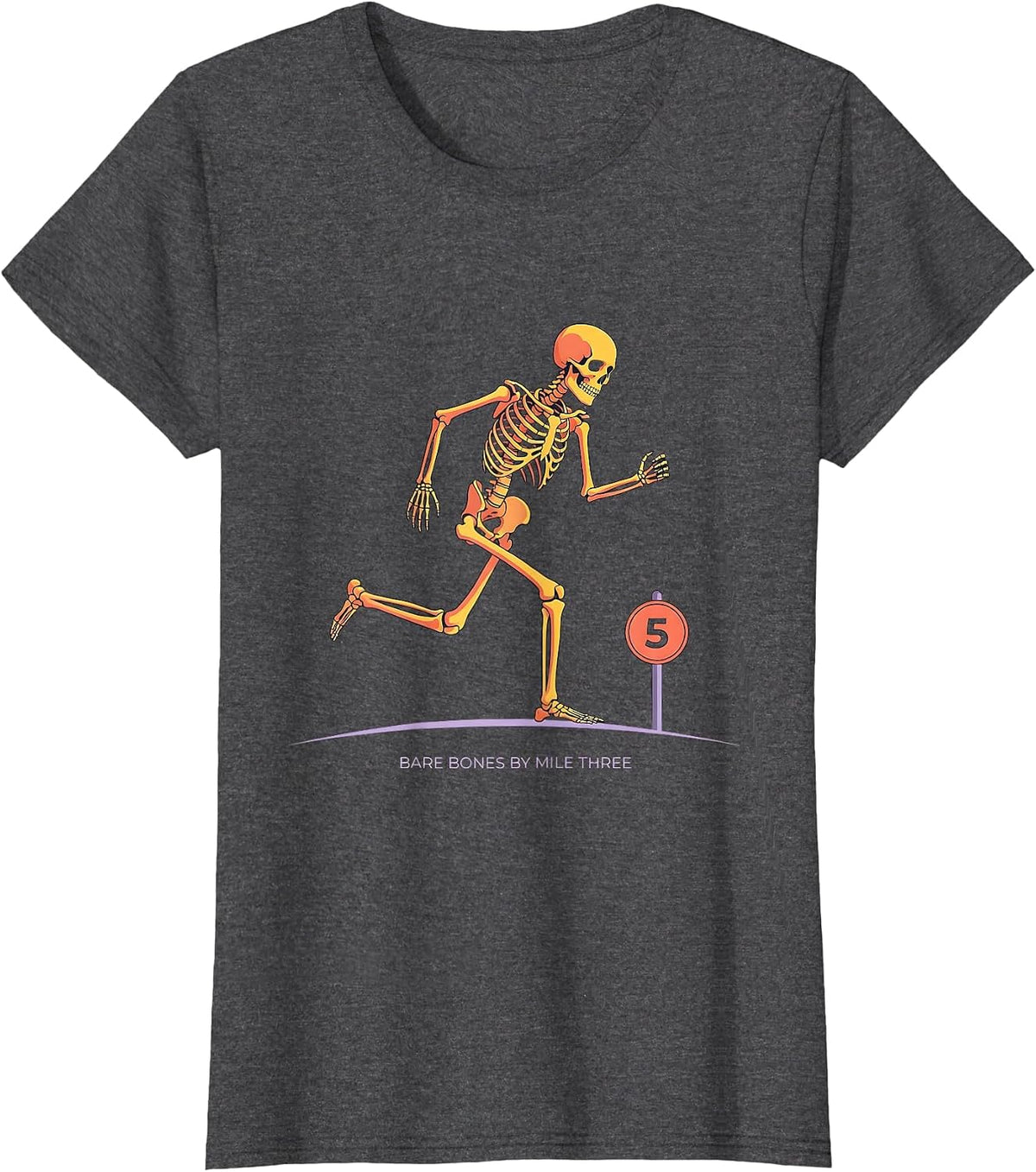 Women's Bare Bones By Mile Three Funny Halloween Running Skeleton 5K T-Shirt - Dark Heather Grey