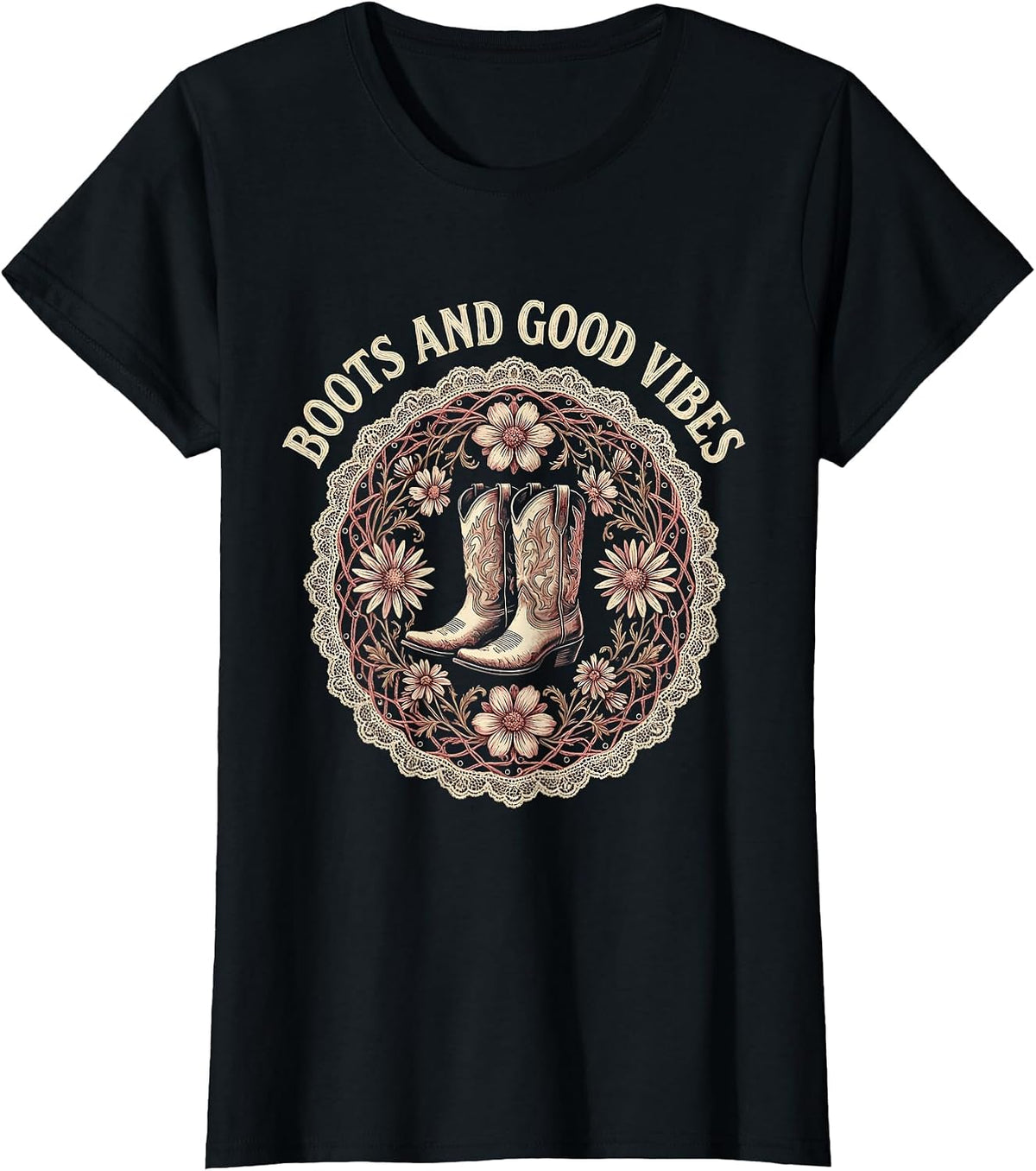 Boots and Good Vibes Country Music Design T-Shirt - Black