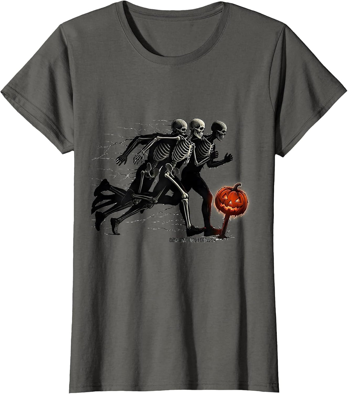 Women's Boneyard Dash Crew 5K Horror Skeleton Runner Halloween Fun T-Shirt - Asphalt Grey