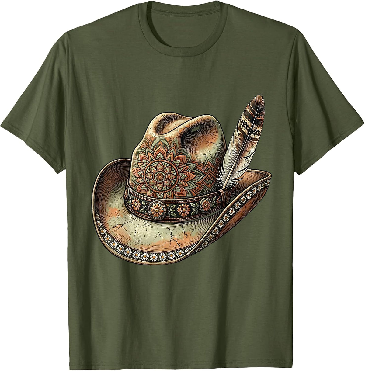 Men's Cowboy Hat Turquoise Band and Feather Graphic T-Shirt - Olive Green