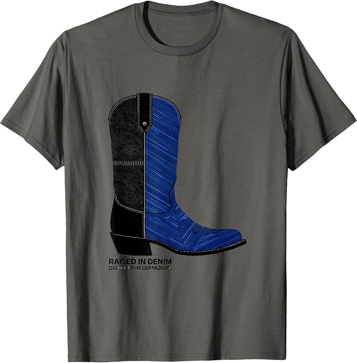 Raised In Denim Dressed In Diamonds Western Cowgirl Glam T-Shirt - Asphalt Grey