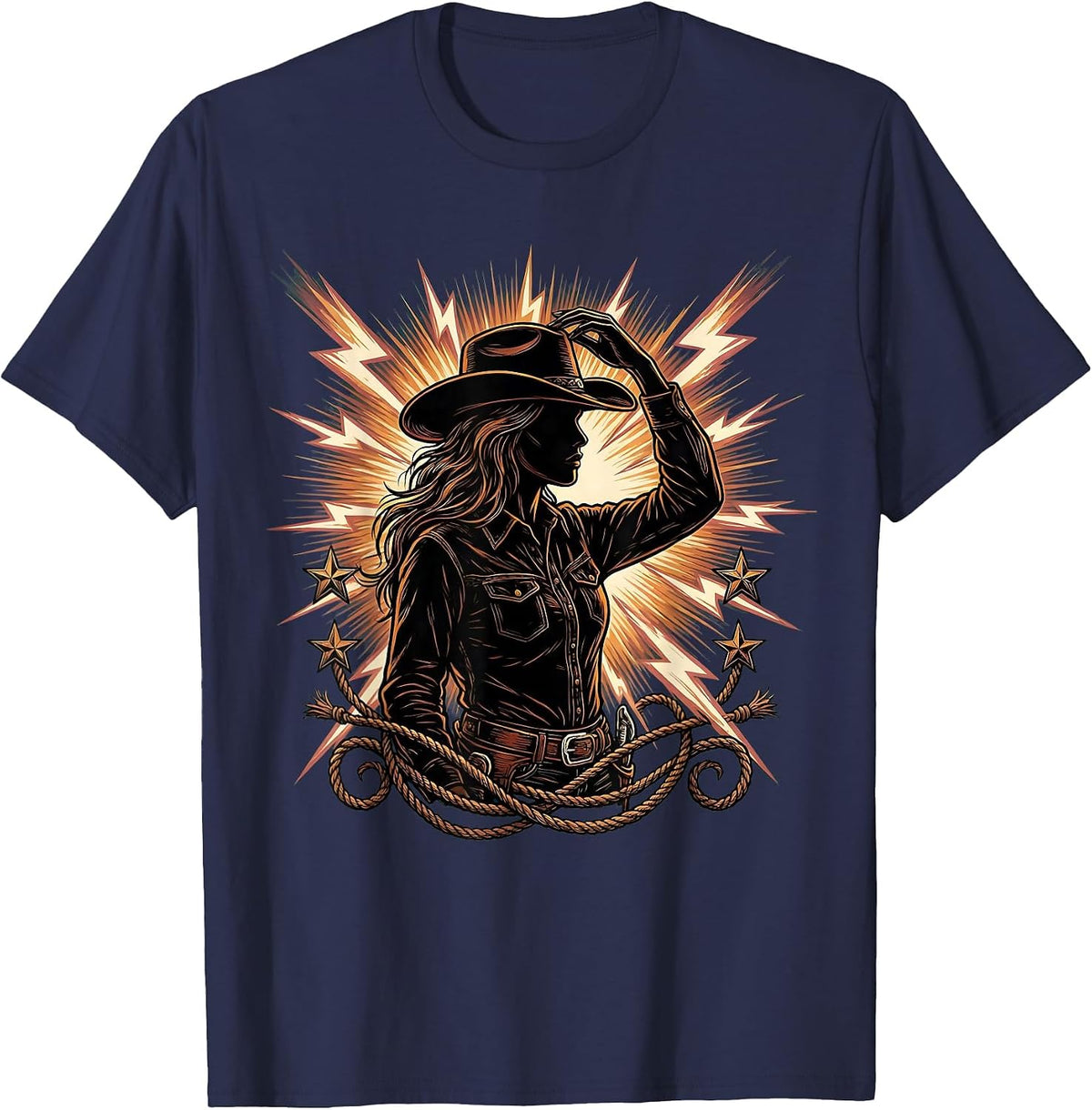 Men's Cowgirl Tipping Hat Lightning Bolt Illustration T-Shirt - Navy Blue