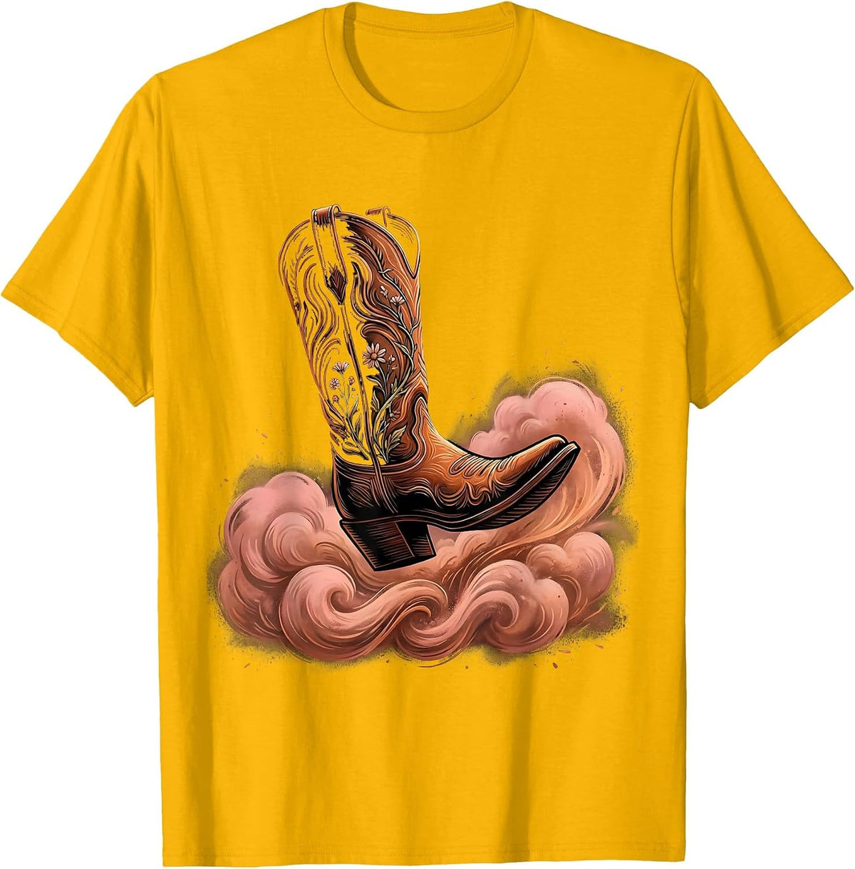 Cowgirl Boot Kicking Dust Western Graphic T-Shirt - Golden Yellow