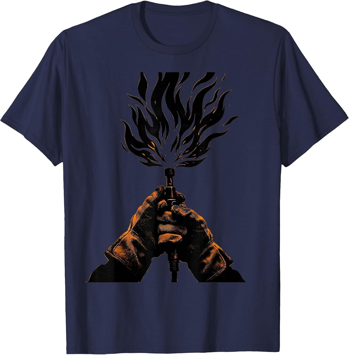 Men's Welder Gloved Hands Gripping Torch Flame Graphic T-Shirt - Navy Blue