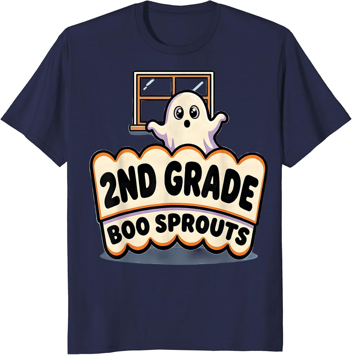 2nd Grade Boo Sprouts Cartoon Ghost Halloween Teacher T-Shirt - Navy Blue