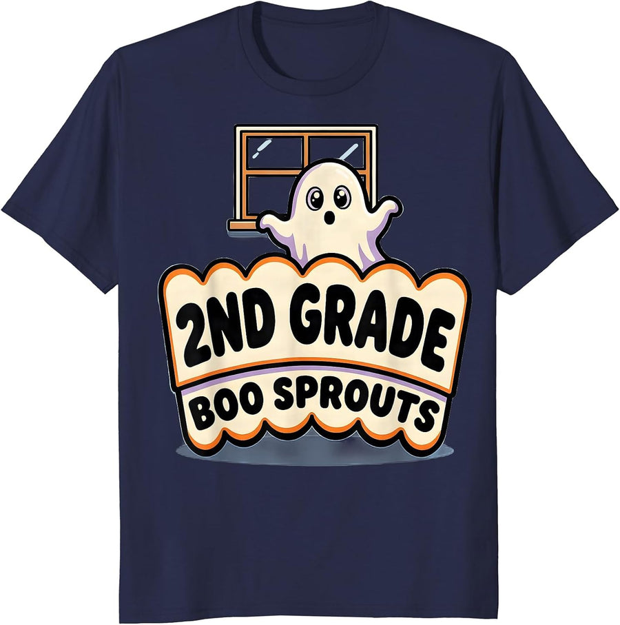 2nd Grade Boo Sprouts Cartoon Ghost Halloween Teacher T-Shirt - Navy Blue
