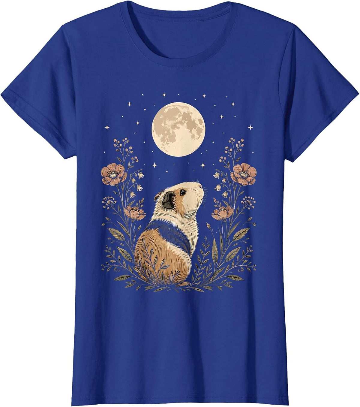 Floral Guinea Pig Moon Celestial Night Animal Lover T-Shirt - Royal Blue