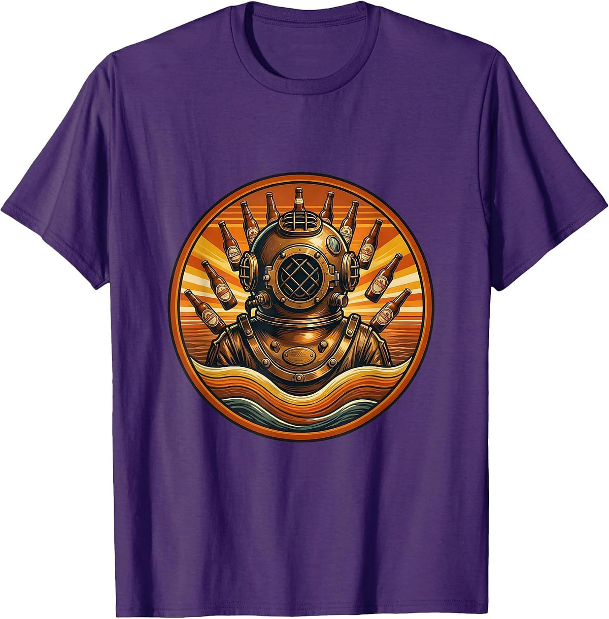 Deep Sea Diver Beer Bottles Illustration T-Shirt - Purple
