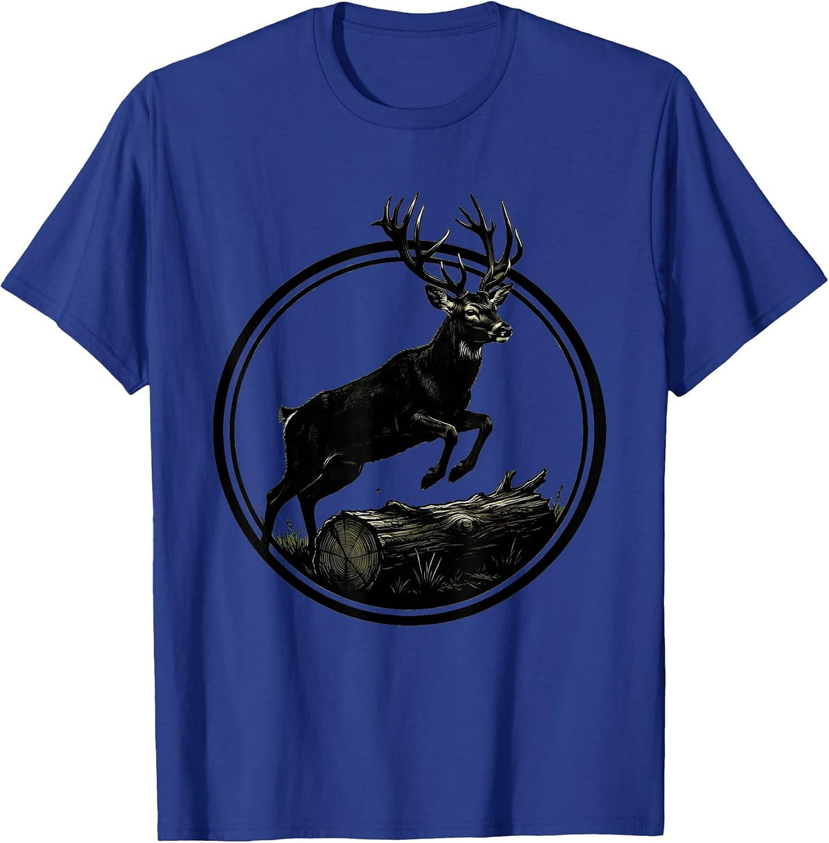 Men's Camo Buck Deer Leaping Over Fallen Log T-Shirt - Royal Blue