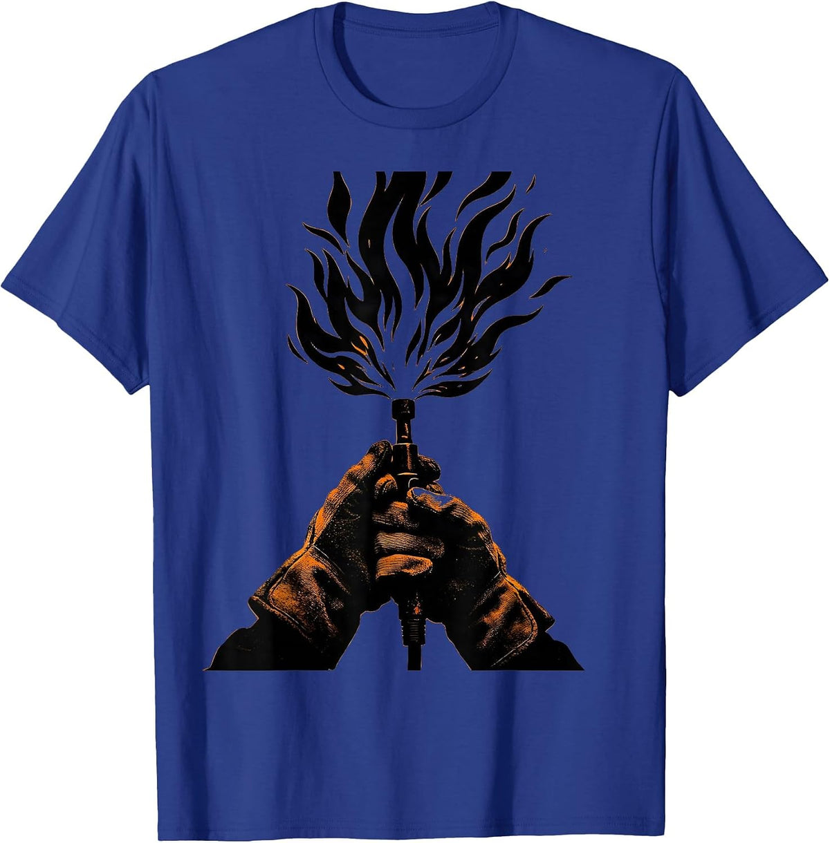 Men's Welder Gloved Hands Gripping Torch Flame Graphic T-Shirt - Royal Blue