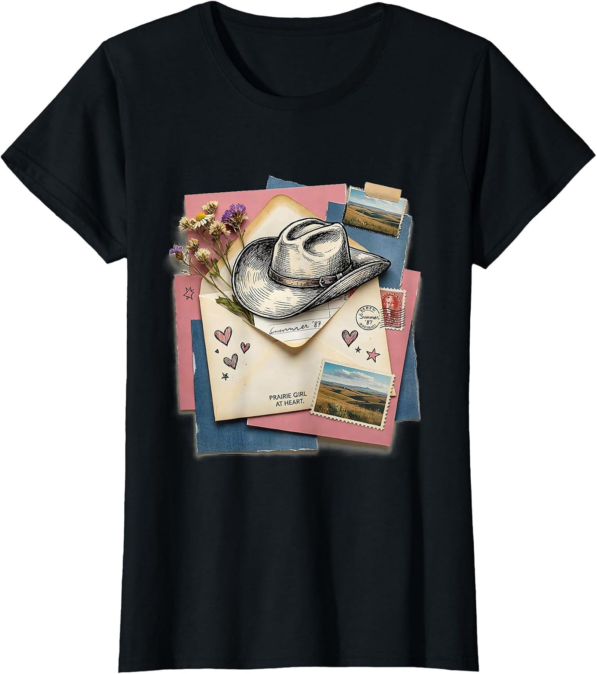 Prairie Girl at Heart White Cowgirl Design T-Shirt - Black