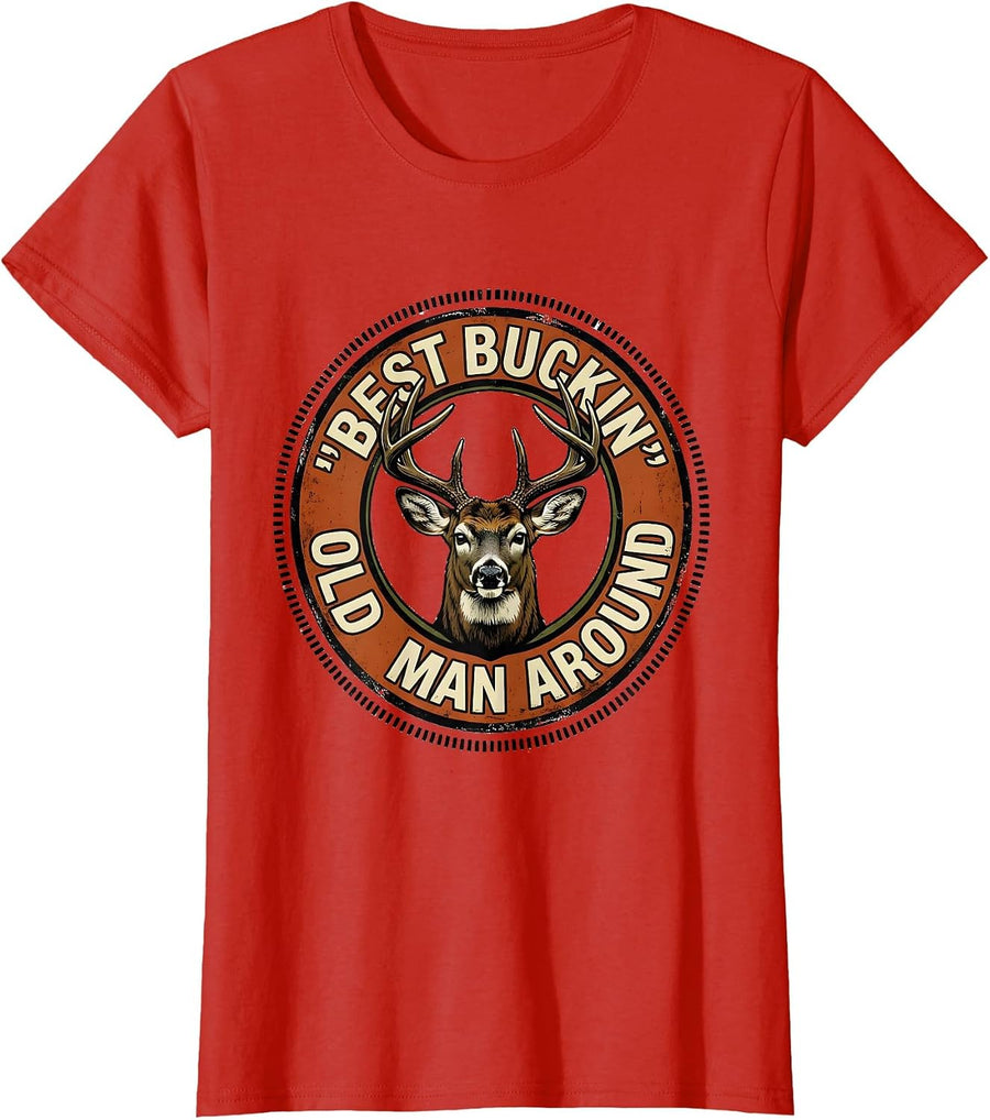 Women's Best Buckin' Old Man Around Vintage Deer Hunting Gift T-Shirt - Red