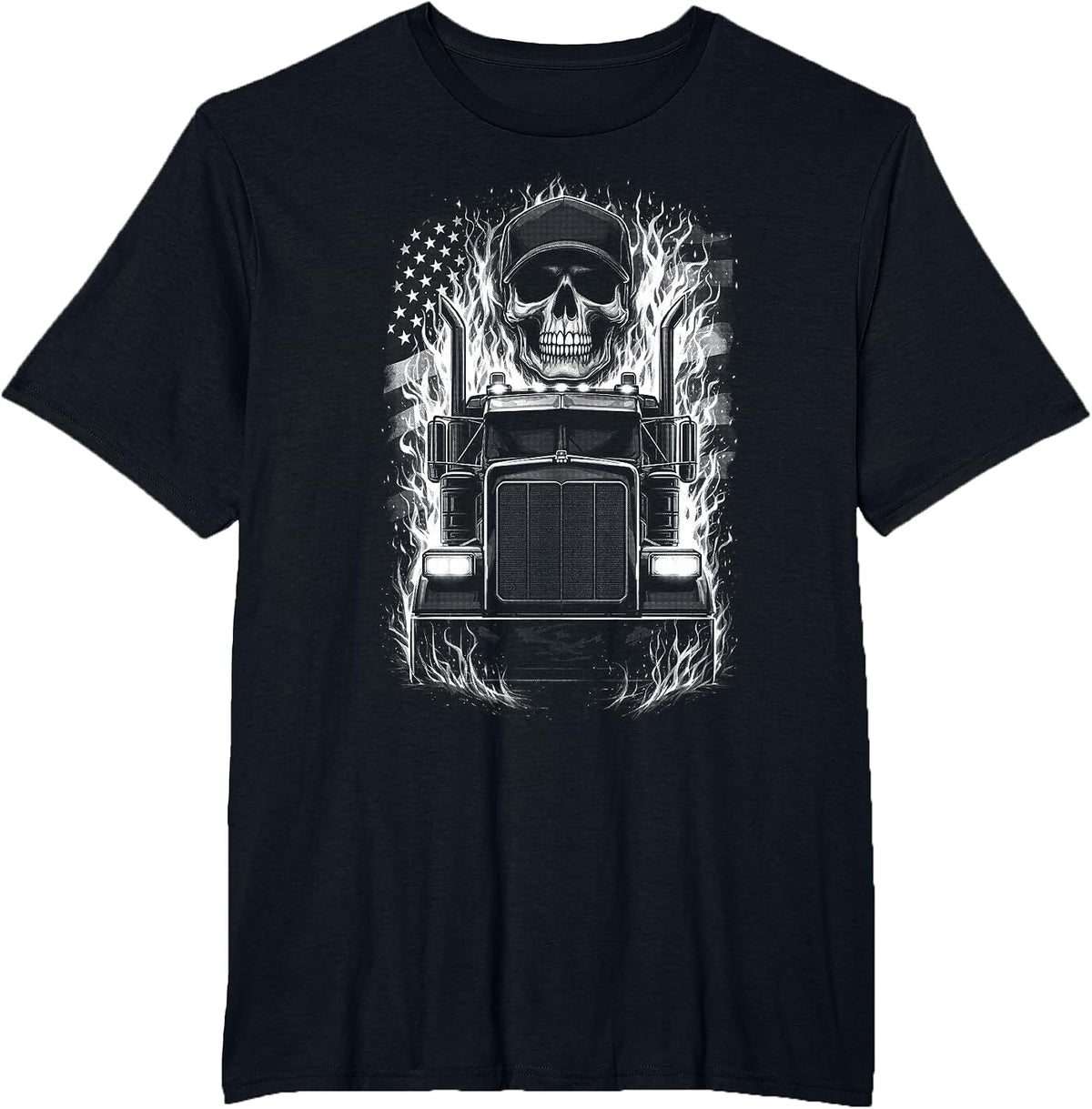 Trucker Patriotic American Flag Semi Truck Driver Skull T-Shirt - Black