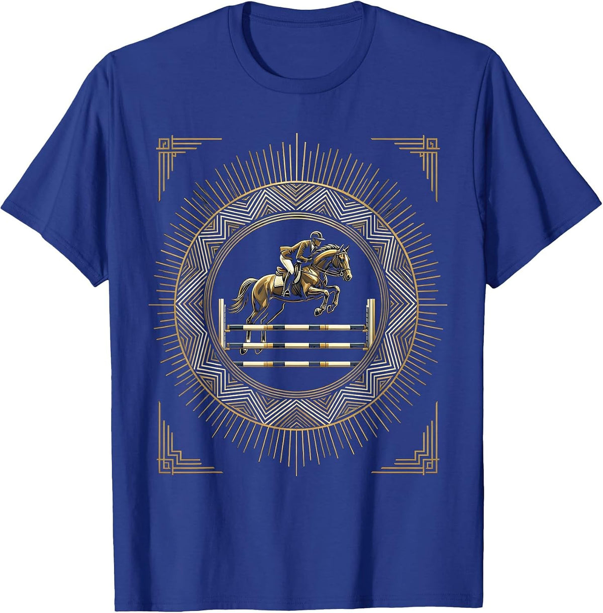 Show Jumper Mid-Air Over Striped Rail Graphic T-Shirt - Royal Blue