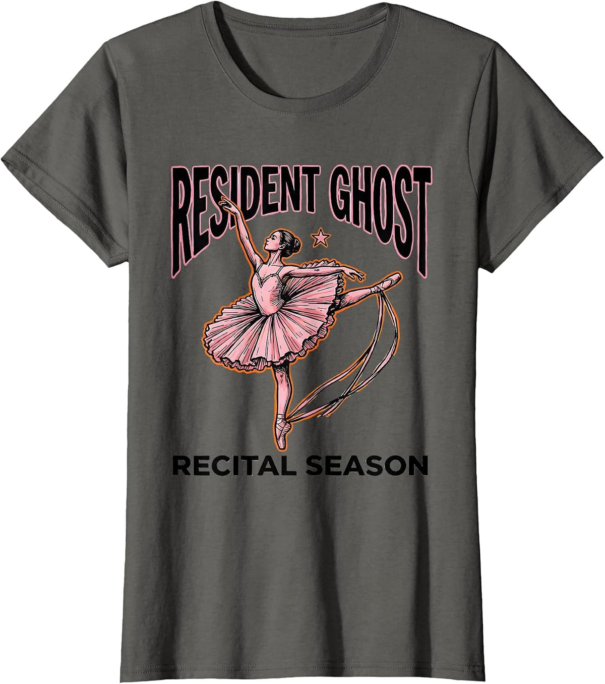 Women's Resident Ghost Recital Season Cute Ghost Ballerina Halloween T-Shirt - Asphalt Grey