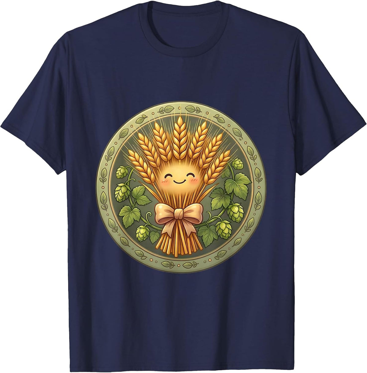 Oktoberfest Hop Vine and Wheat Bundle Design T-Shirt - Navy Blue